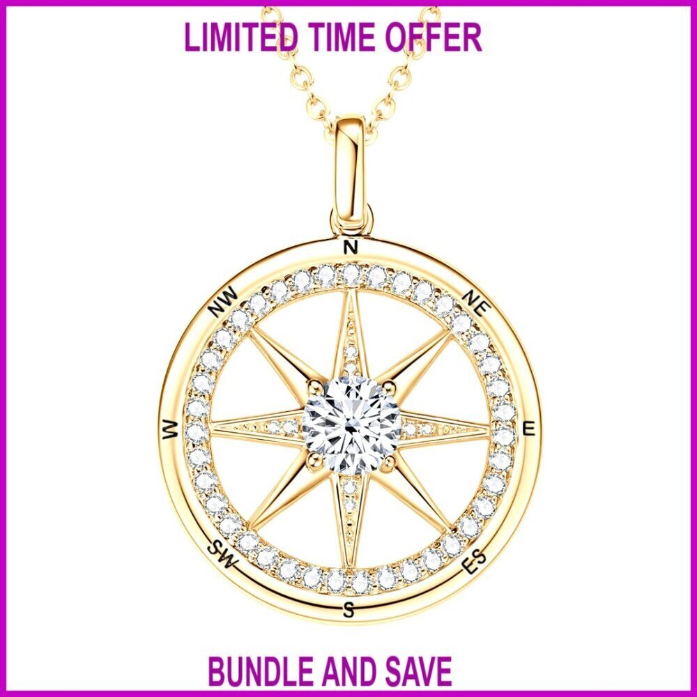 Sterling Silver Compass Necklace, 18+2 Inch, 5A Cubic Zirconia, Graduation Gift